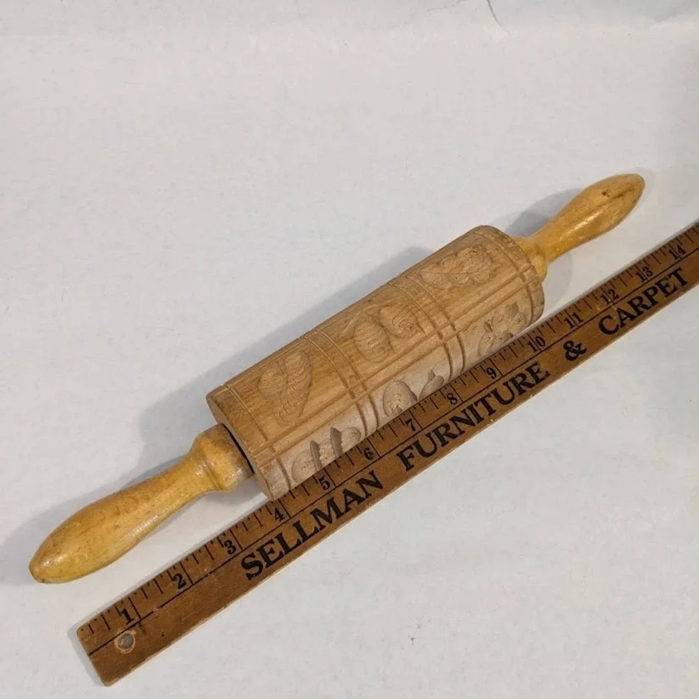 Vintage Wooden Springerle Rolling Pin Carved Bird Butterfly Flower Cookie Mold